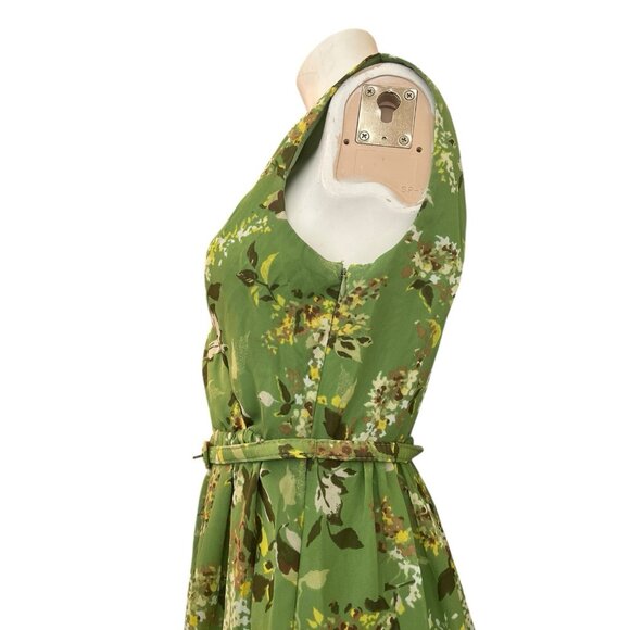ME George Size 4 Green Floral Ruffle Sleeveless Dress Flare A-Line Belted - Picture 4 of 6